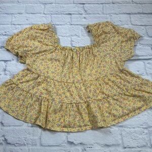 Love Fire Cottagecore Yellow Floral,Puff Sleeve,Ruffled Cotton, Romantic Top. L